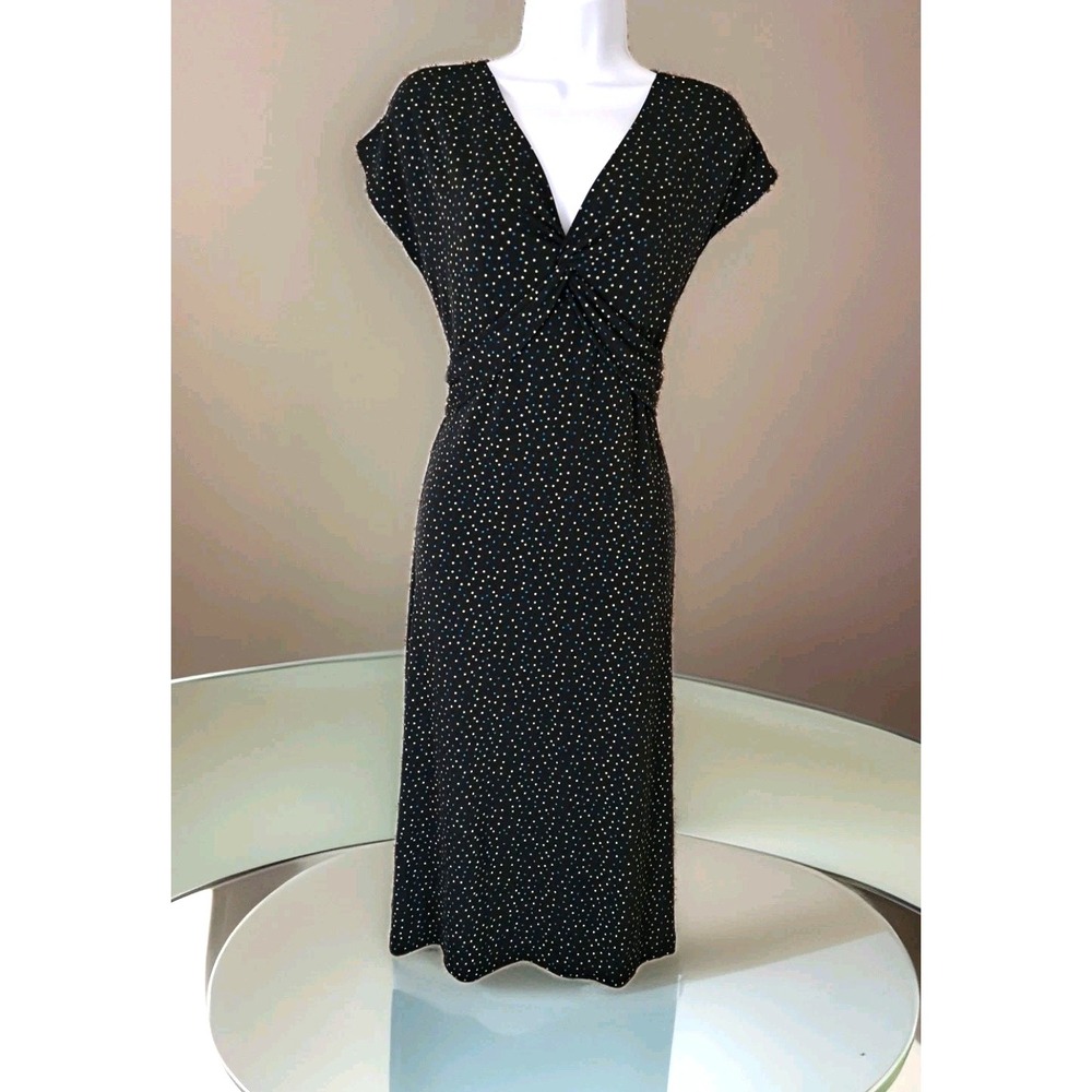 Nine & Co. Midi Dress M Black Polka Dot Twist Front Classic Stretch Comfy Casual